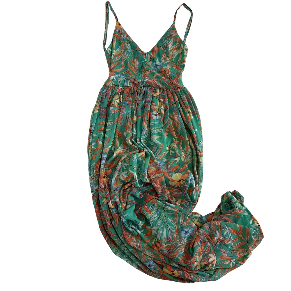 Pink Lily Tropical Floral Maxi Dress Green Orange V-Neck Spaghetti Strap
